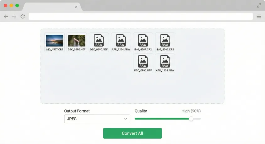 Screenshot of an online image converter interface showing RAW files being dragged and dropped, with output set to JPEG and quality to High.