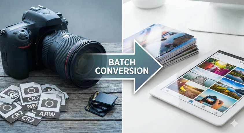 Visual representation of batch converting RAW image files from a camera to a finished JPEG gallery on a tablet.